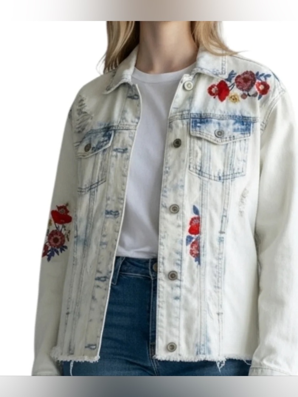 Hollister Jacket Top Destroyed Floral Embroidered 100% Cotton Size XS
